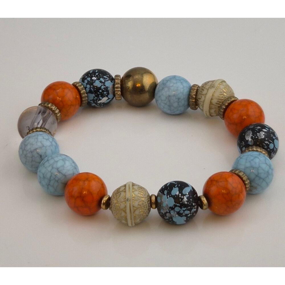 Chunky Beaded Stretch Bracelet Orange Blue Speckled Statement